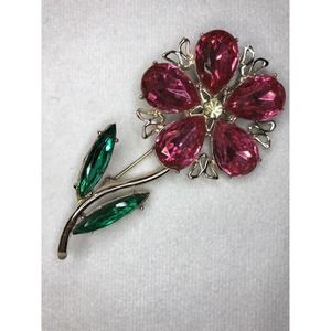 Vintage Dodds Pink Glass Rhinestone Flower Brooch Pin